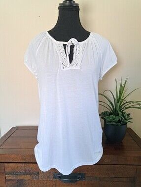 Chaps White Tee Size Small Lace Detail Tie Front Lightweight Cotton Feminine ¹